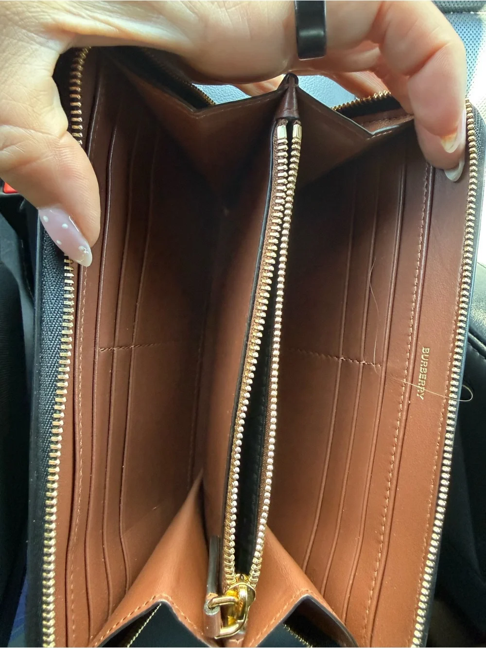 Burberry Beige Stripe Zip Wallet with Black and Red Accents